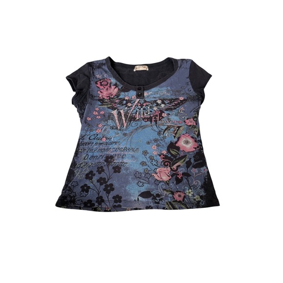 Blue Aspen Tops - Womens Y2K Wild Flowers Butterfly Graphic Baby Tee Rhinestone Henley 2000s M